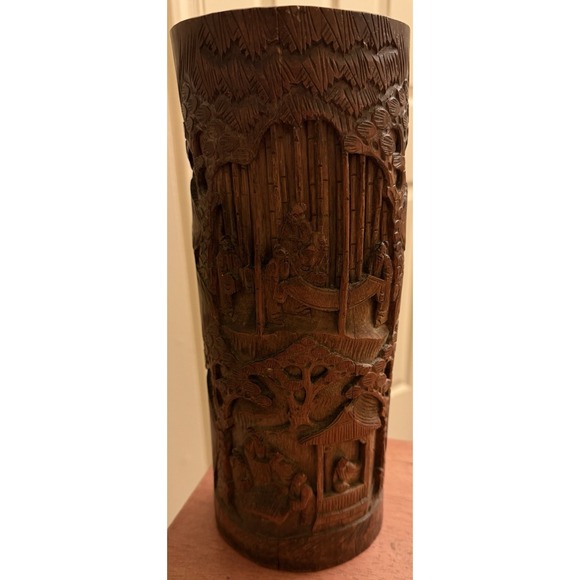 Antique Chinese carved landscapes and figurines bamboo brush pot‎ Vase